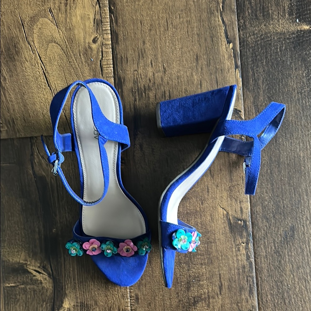 Abound Blue Floral Sandals with Ankle Straps and Block Heel